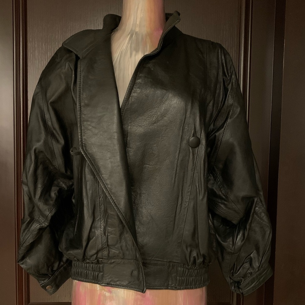 Leather bomber jacket dolman sleeve - Picture 3 of 16